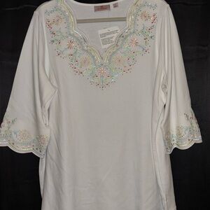 Quacker Factory Ivory Tunic with Colorful Embroidery